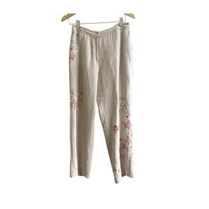 J. Jill Embroidered Floral Linen Wide Leg Pants Size 8 Petite Tan Pull On Beach